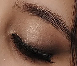 Ojo cerrado con sombra café difuminada y pestañas, maquillaje de Fani